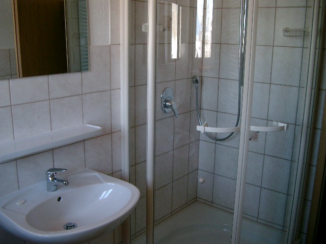 Eigenes Bad eines Begleiterzimmers mit Dusche und Waschbecken